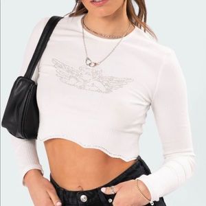 Edikted White bling angel Long sleeve crop top